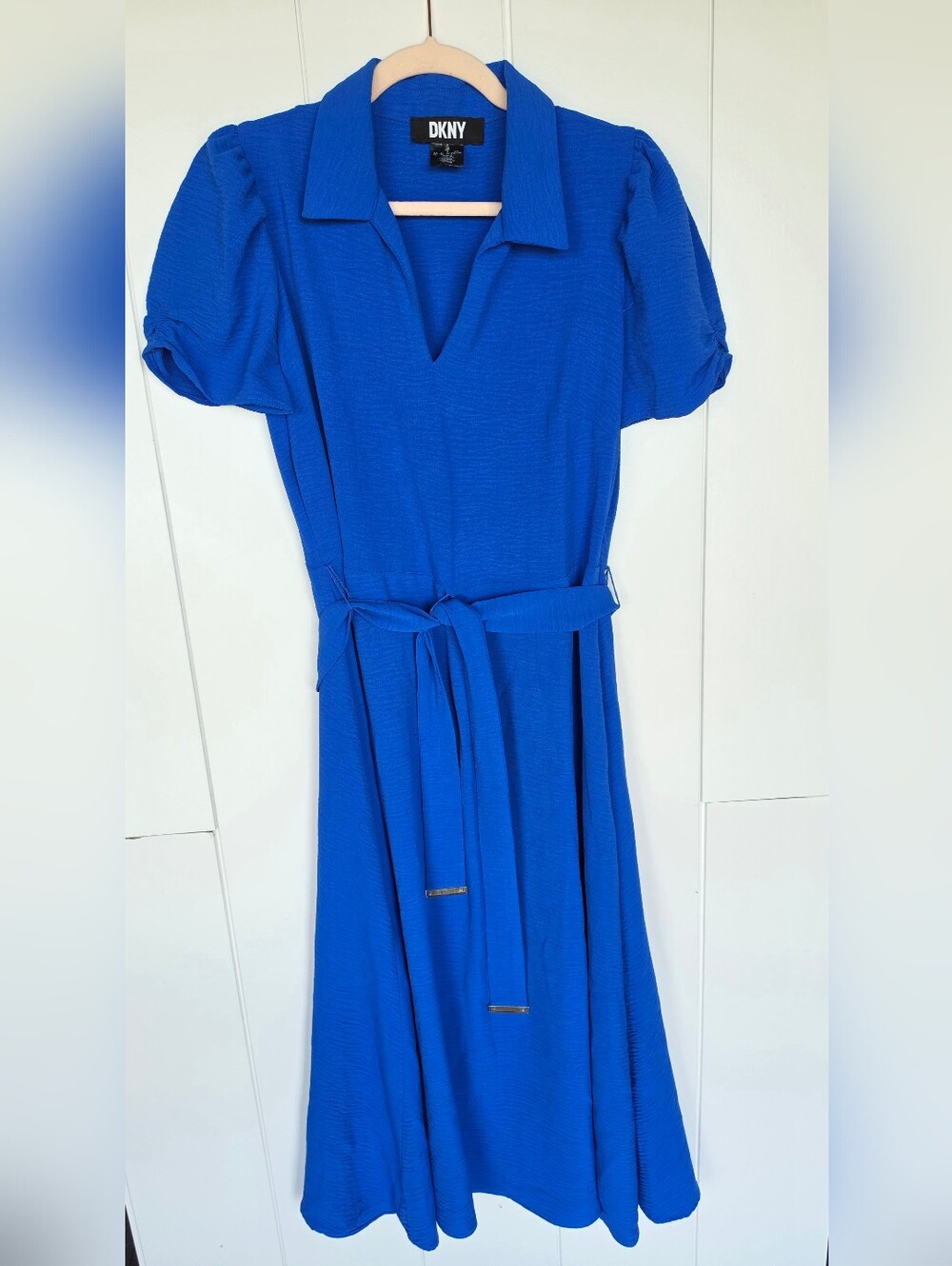 DKNY Cobalt Blue Midi Shirt Dress Puff Sleeve Tie Waist Size 8